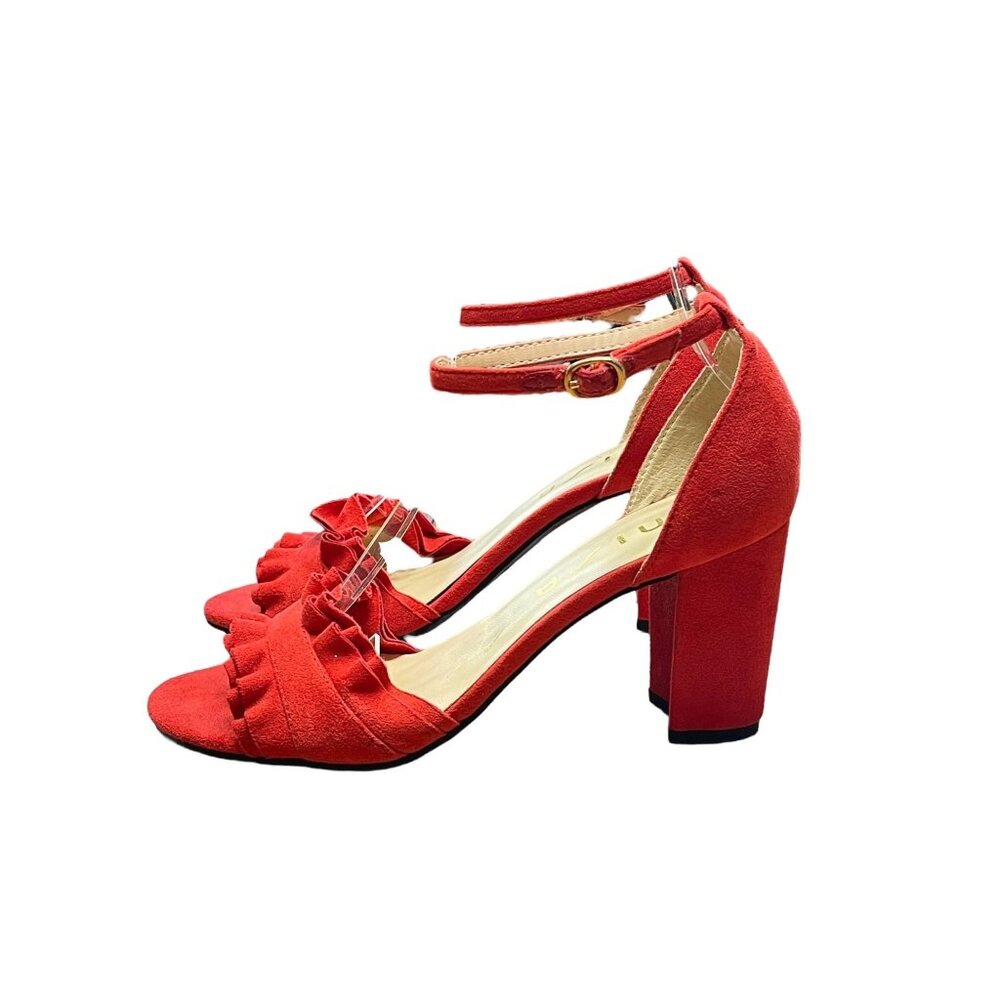Unisa Womens Red Suede Ankle Strap Heels With Ruffle Detail Size 7.5M 3-Inch Blo
